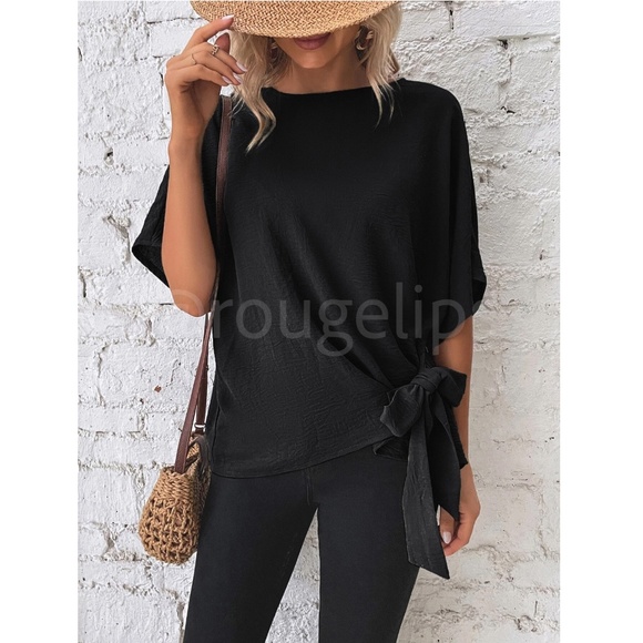Side Tie Black Blouse Top Flowy Batwing Sleeve Relaxed Fit - Picture 2 of 7